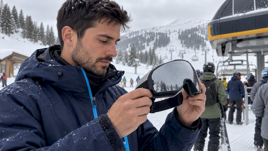 Snowboard goggles at a snowy lift staging area