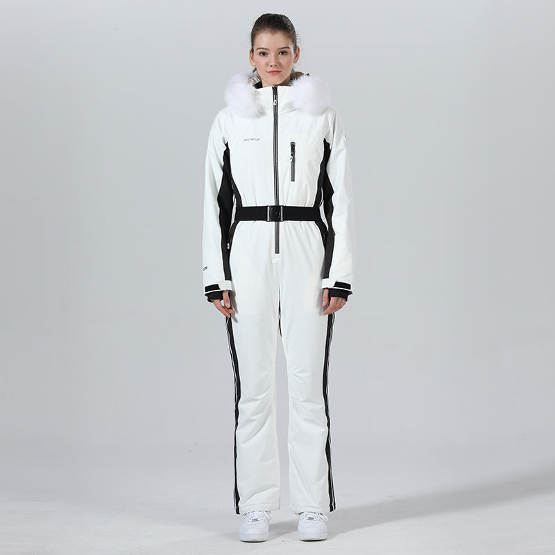 Womens Winter Chic Fur Hood One Piece Ski Jumpsuit Overall Ski Suit