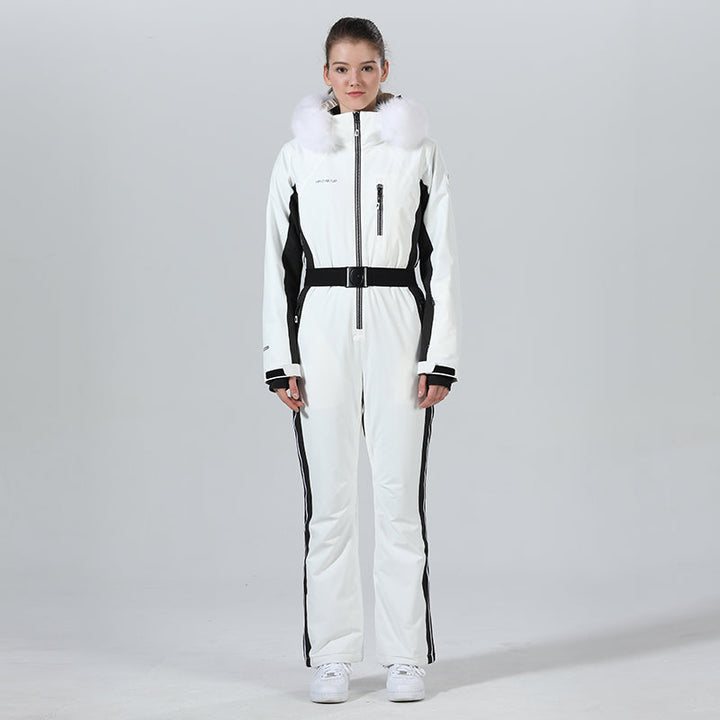 Womens Winter Chic Fur Hood One Piece Ski Jumpsuit Overall Ski Suit